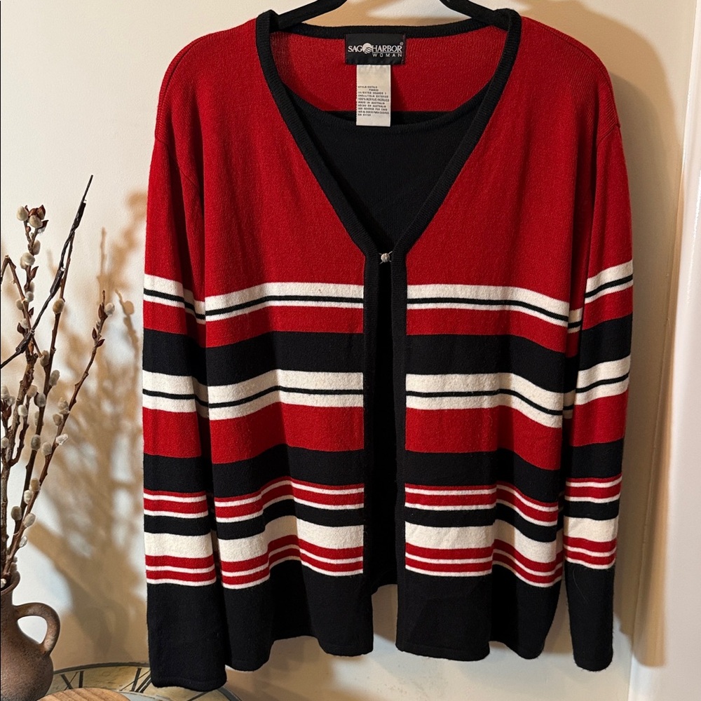 Sag Harbor Red, Black & White Striped Open Cardigan